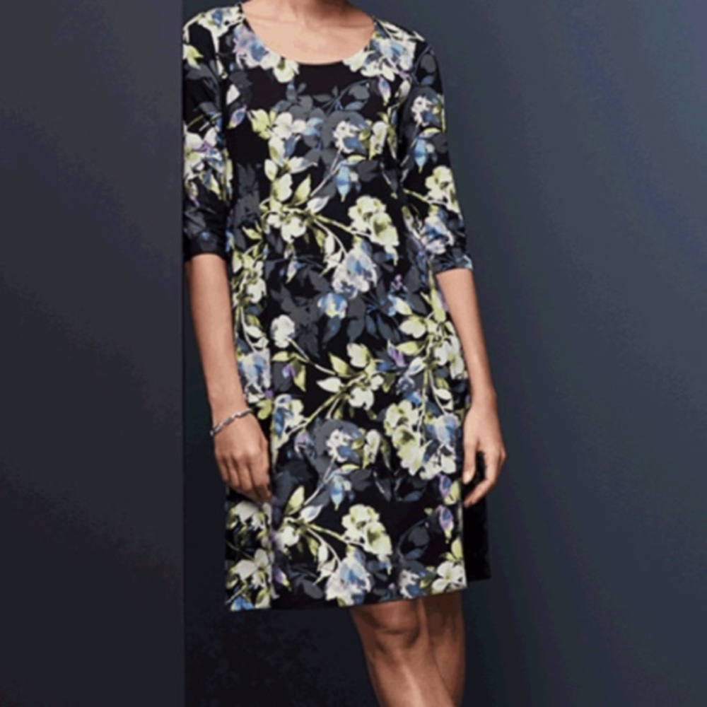 J. JILL Wearever Black Pretty GardenMulti Floral Fit & Flare A-Line Dress M